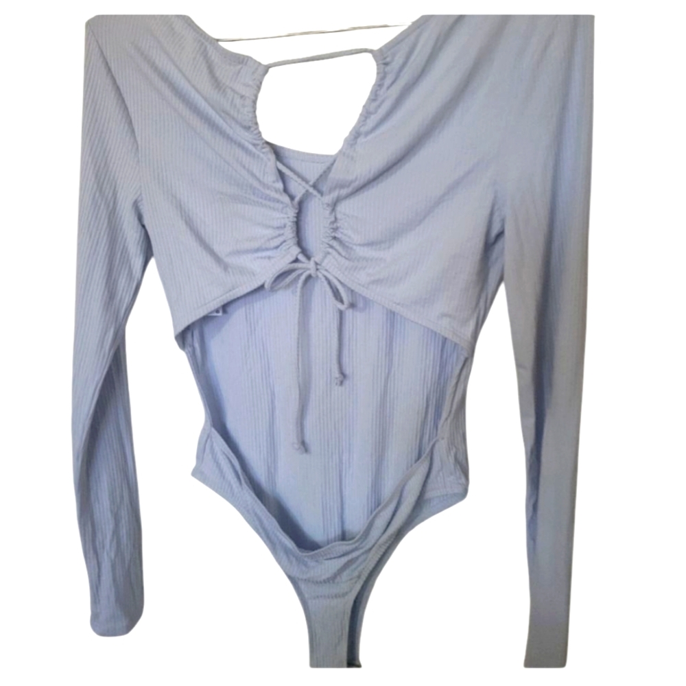 Wild Fable NWT Sky Blue Open Back Long Sleeve Bodysuit Tie Back - Picture 3 of 4